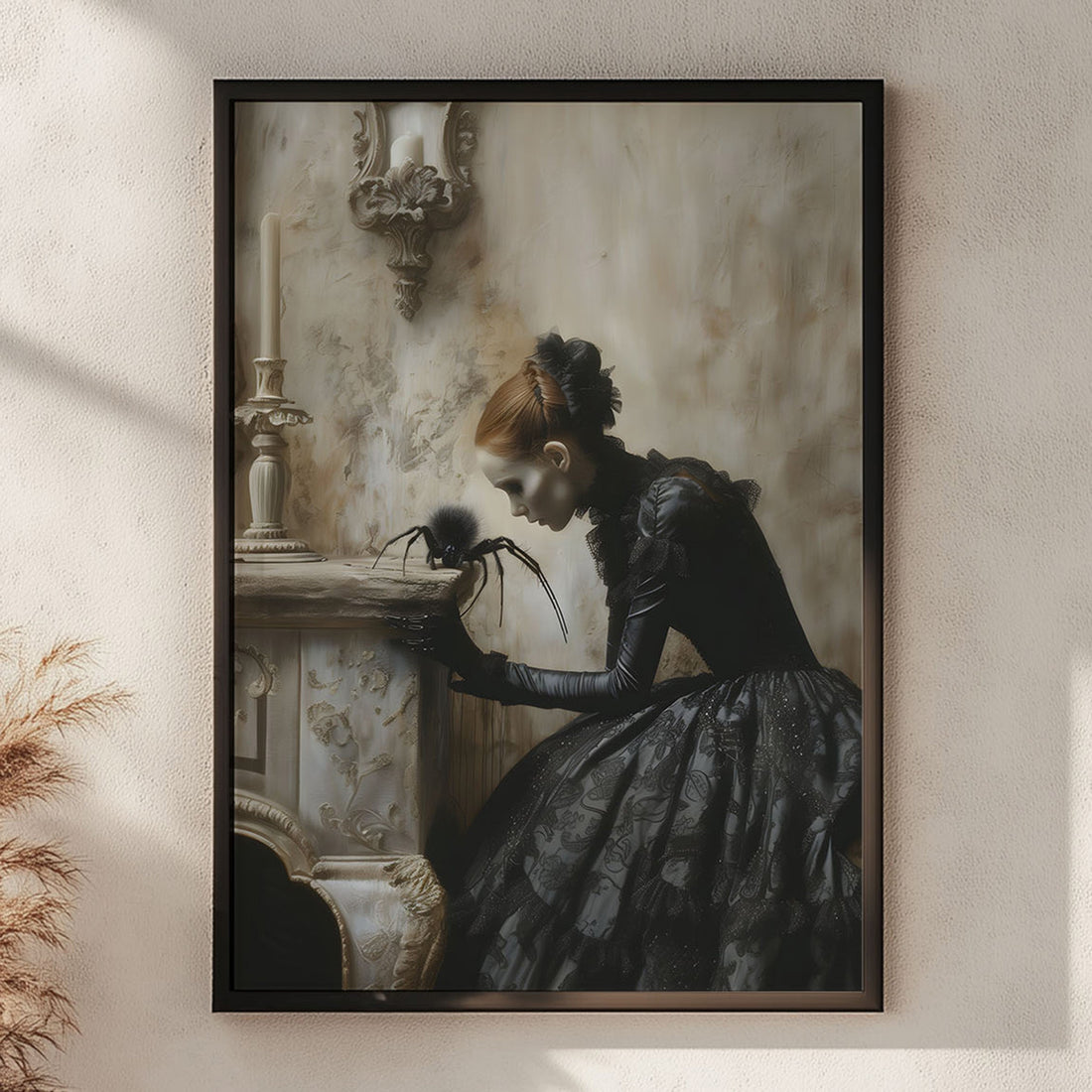 A gothic woman in an ornate black Victorian dress interacts with a surreal black spider atop a baroque fireplace in a dimly lit, textured room.
