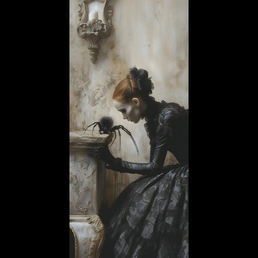 Free gothic phone wallpaper of a Victorian woman in black lace examining a large spider, eerie elegant dark academia art for iPhone and Android
