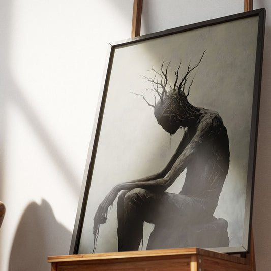 Black and white gothic painting of a slumped, tree-headed figure with root-like hair sitting on a rock