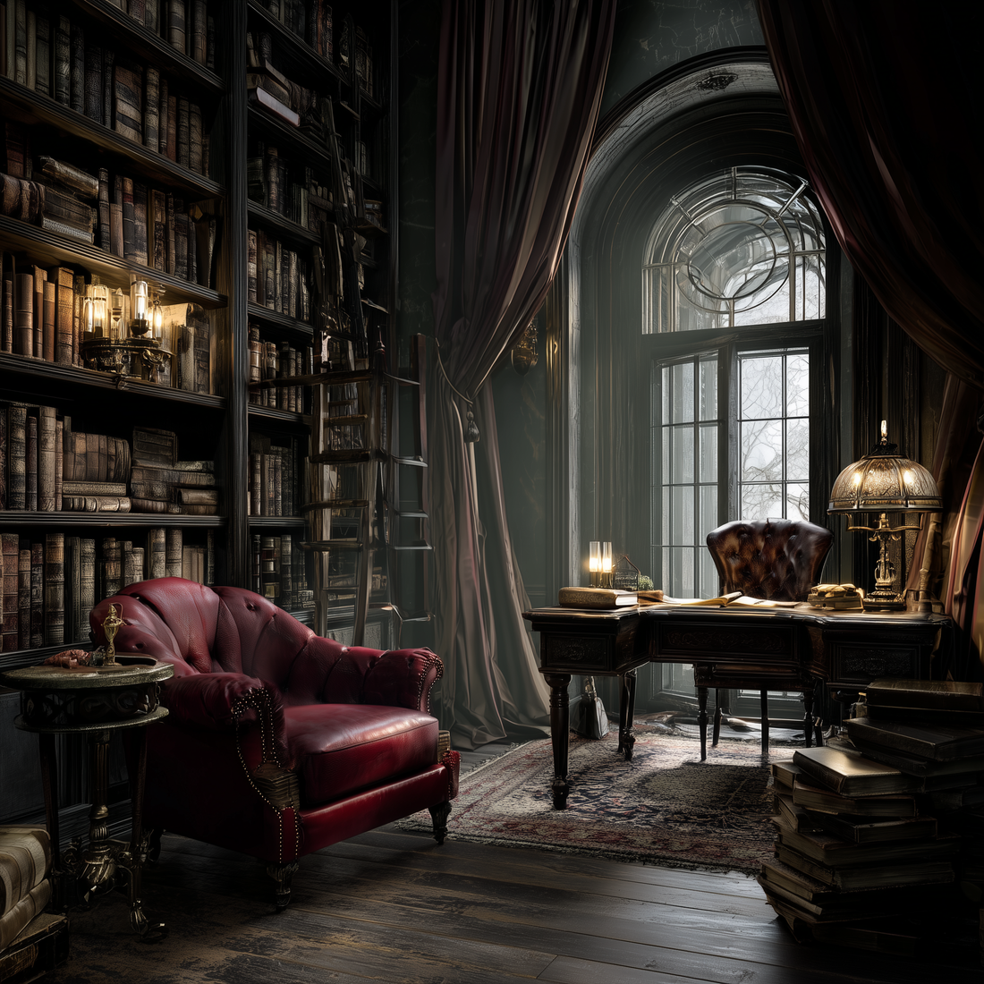 Dark academia room decor inspiration showing gothic study with burgundy leather furniture, vintage bookshelves, and moody lighting perfect for scholarly interior design