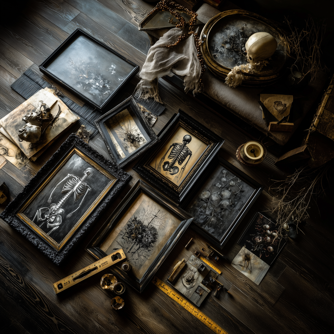 Moody flat lay of macabre art prints showcasing skeleton anatomy, skull studies, and dark botanical illustrations framed in ornate black frames with vintage curiosities and brass antiques