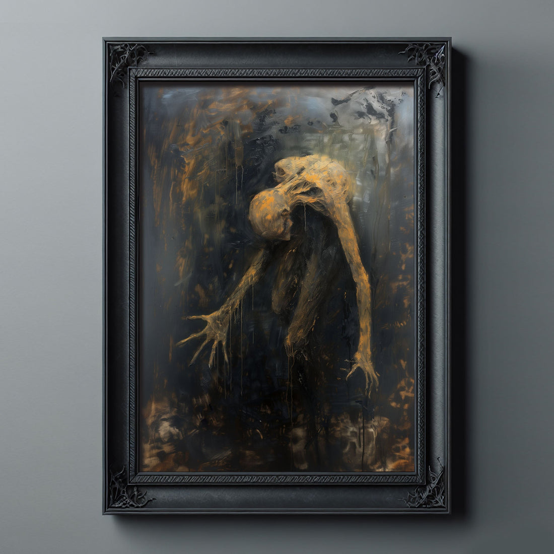 dark surrealism, abstract figure painting, distorted human form, hunched posture, oil on canvas, elongated limbs, dripping paint effect, expressive brushwork, chaotic composition, surreal anatomy