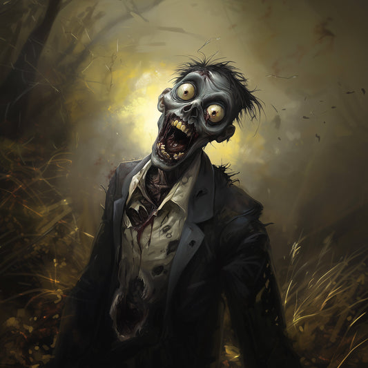 Digital horror painting of zombie in business suit with realistic decay effects and apocalyptic background