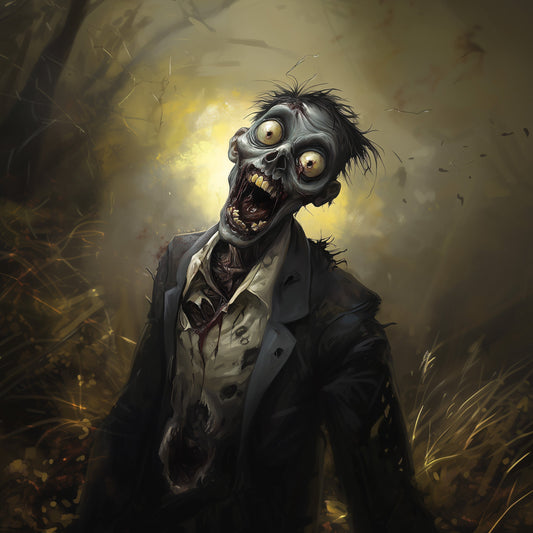 Digital horror painting of zombie in business suit with realistic decay effects and apocalyptic background