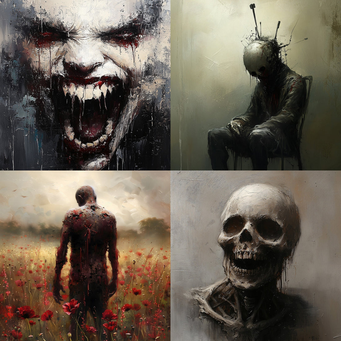 A collection of scary and creepy horror paintings: a demonic scream, a figure undergoing bizarre torture, a macabre skull, and a gothic scene of a figure in a desolate field.