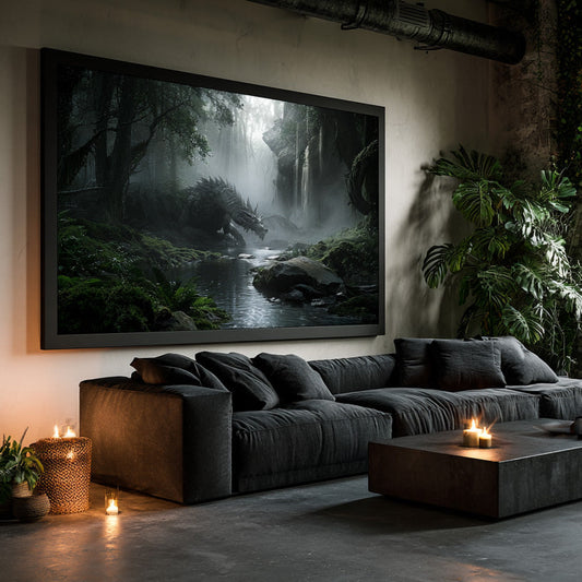 Dark fantasy art print in black frame on neutral wall above dark grey sectional sofa, moody loft interior with candlelight and tropical plants