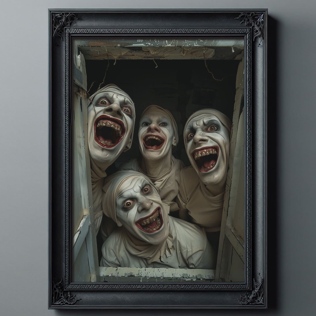 Four grotesquely smiling figures in white theatrical makeup and costumes peer into a camera from a narrow opening, with exaggerated facial expressions and decaying teeth, evoking horror and surreal discomfort.