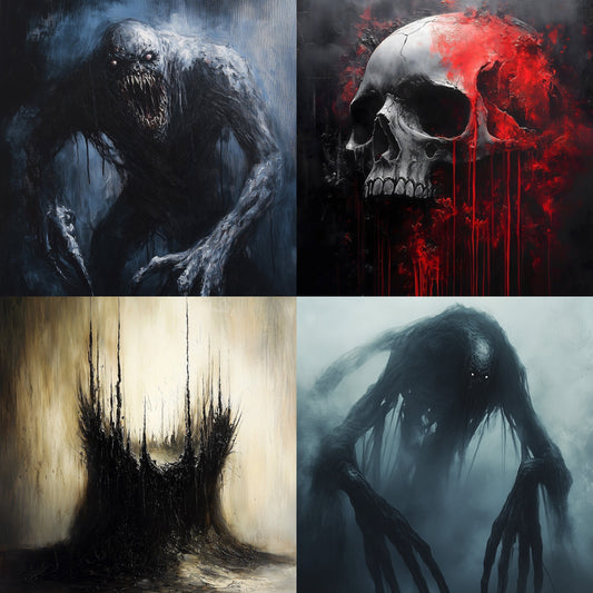 A grid of four dark art images featuring a creepy monster, a bloody skull, an abstract dark shape, and a haunting shadowy figure