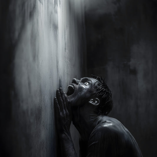A dramatic black and white photo of a man in emotional turmoil, screaming upwards while pressed against a wall in a dark room.