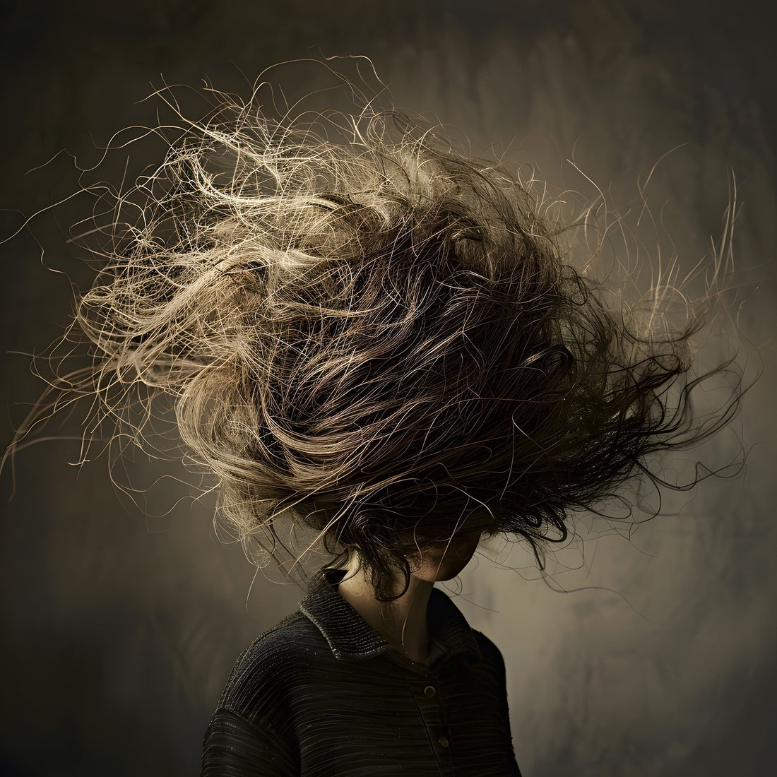 Dark art print of a figure with wild windblown hair against a moody dark background, quirky bad hair day poster