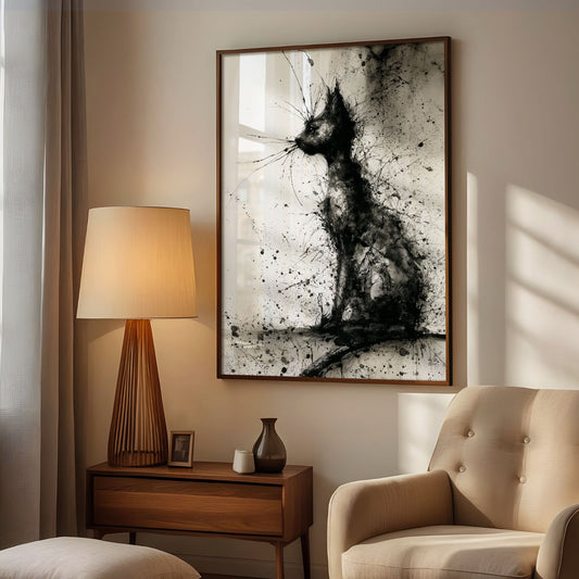Dark moody cat poster with grunge splatter paint aesthetic for alternative decor
