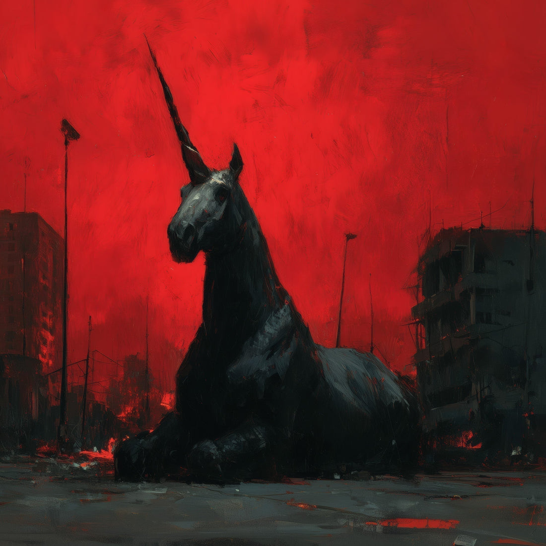 Dark unicorn apocalyptic art print showing a massive black unicorn resting in post-apocalyptic city ruins under a blood-red sky