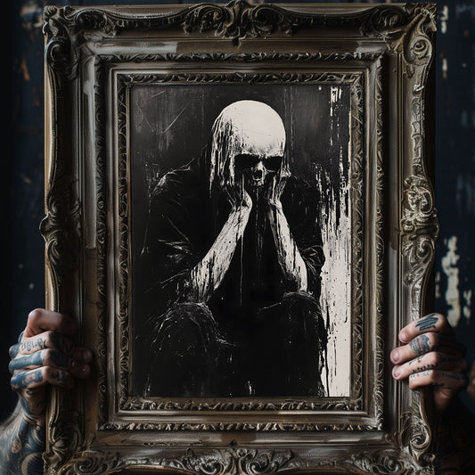 Gothic skull wall art featuring skeletal figure with hands covering face, displayed in ornate vintage frame