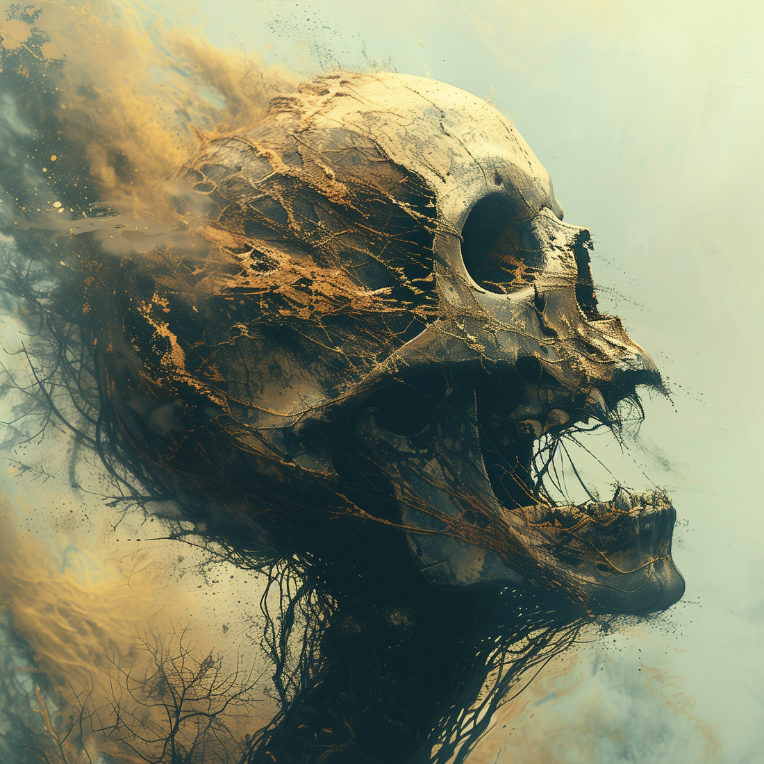 Gothic horror skull painting blending elegant gothic style with horror poster intensity
