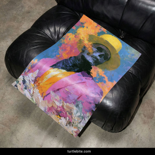 Unframed poster hung with damage-free methods, colorful skull wall art print