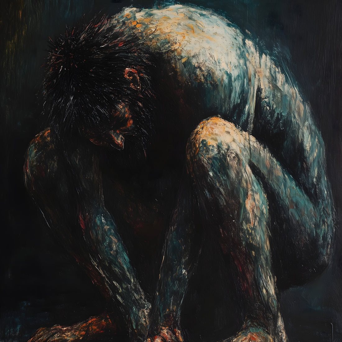 Dark expressionist painting depicting a hunched figure with wild black hair, painted with heavy brushstrokes in muted blues, grays and earth tones against a dark background