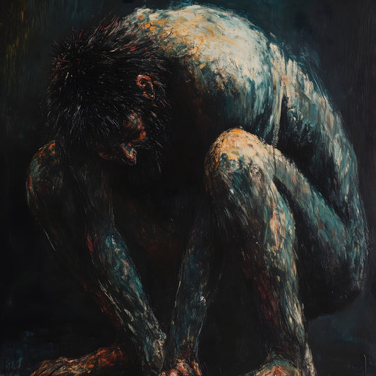 Dark expressionist painting depicting a hunched figure with wild black hair, painted with heavy brushstrokes in muted blues, grays and earth tones against a dark background