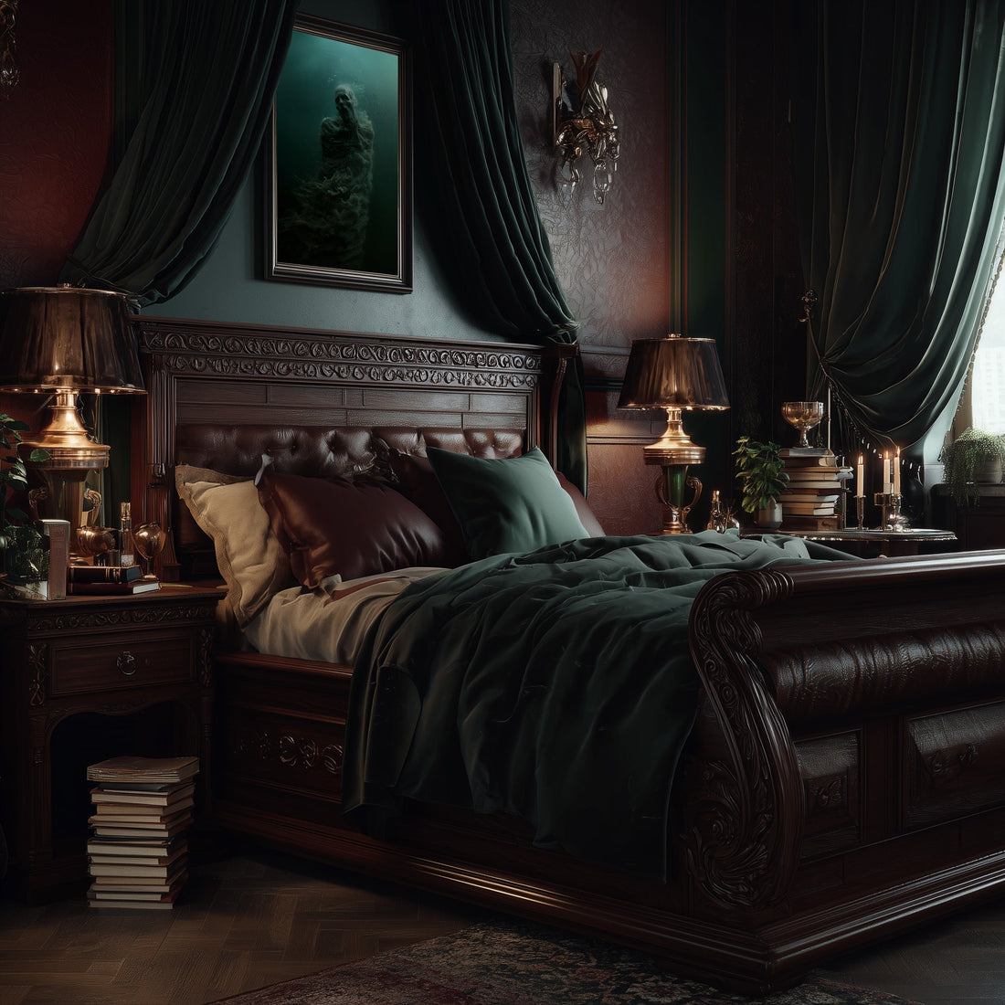 Dark academia bedroom with ornately carved wooden bed frame, forest green bedding, brass lamps, and gothic wall art creating a moody literary atmosphere