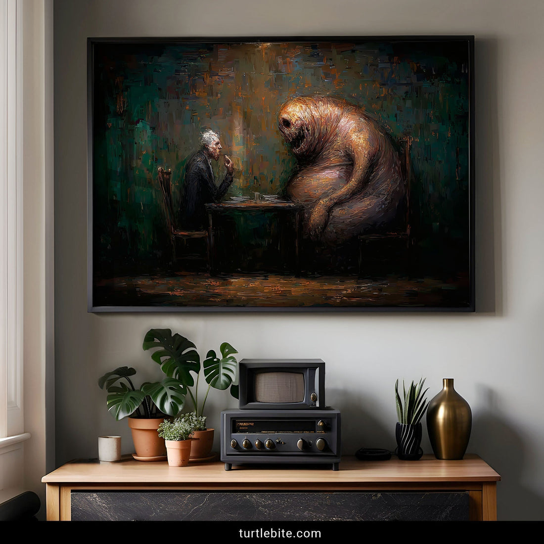 Macabre wall art depicting textured painting of human dining with otherworldly beast