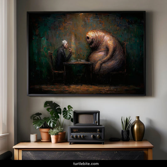 Macabre wall art depicting textured painting of human dining with otherworldly beast