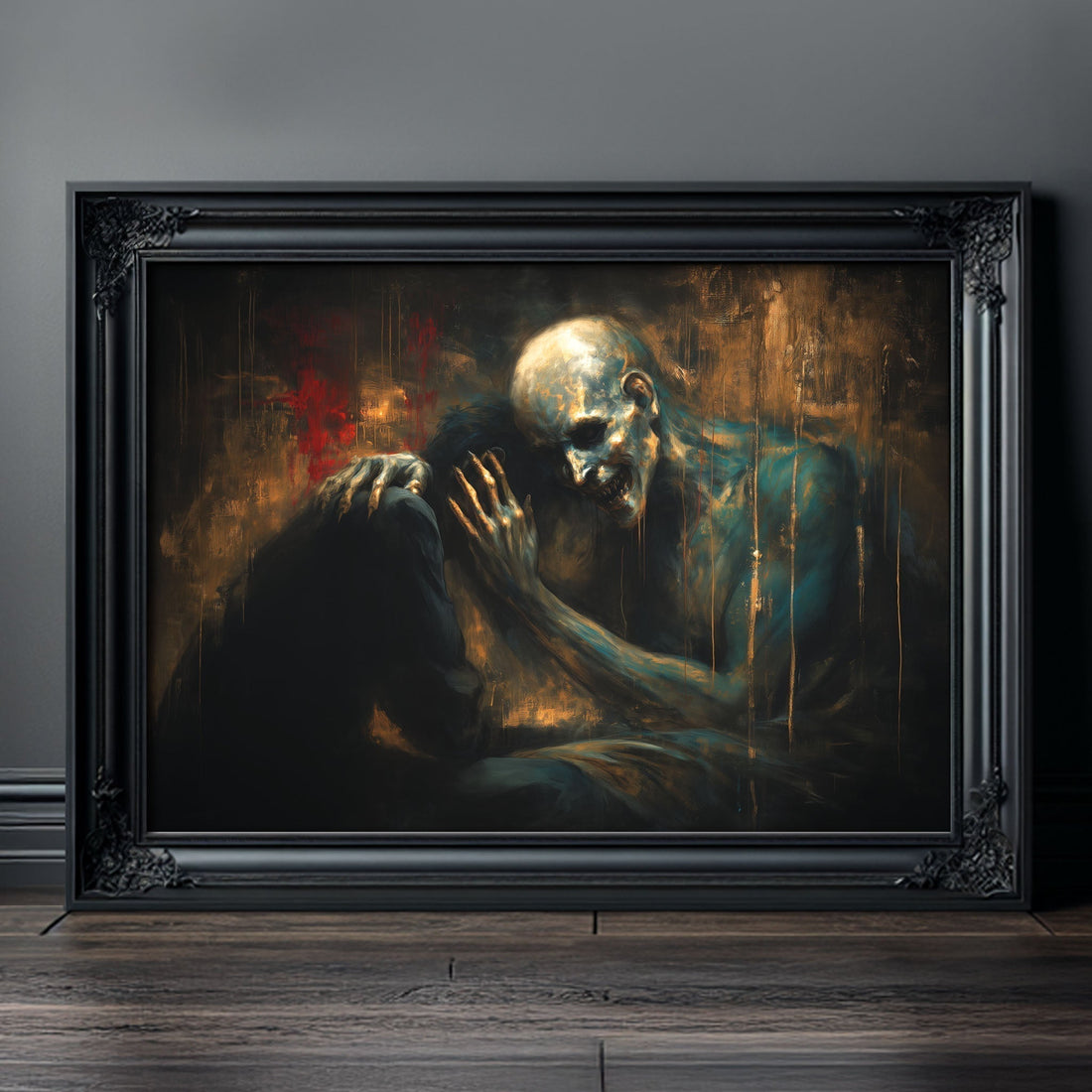 Haunting macabre wall art showing emotional scene of figure seeking comfort from skull in melancholic dark artwork