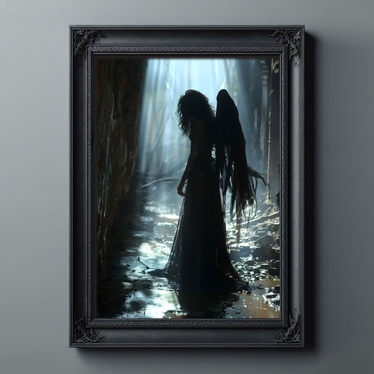 A gothic fallen angel with tattered wings stands in a shadowy, muddy forest alley lit by beams of ethereal light, evoking mystery, loss, and dark beauty.