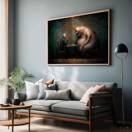 Dark wall art for living room showing surreal dinner scene between man and monster - gothic horror painting poster in contemporary home interior
