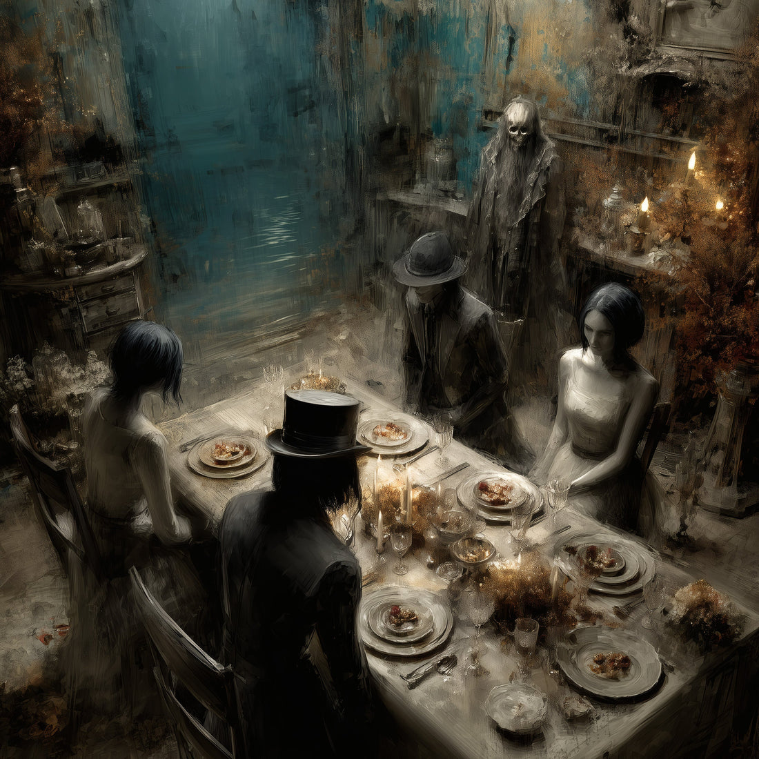 Dark Victorian horror artwork depicting ghostly dinner party in candlelit abandoned mansion setting