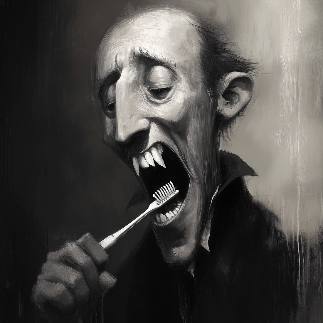 Gothic bathroom art print of vampire brushing teeth, black and white dark humor wall decor for alternative bathrooms