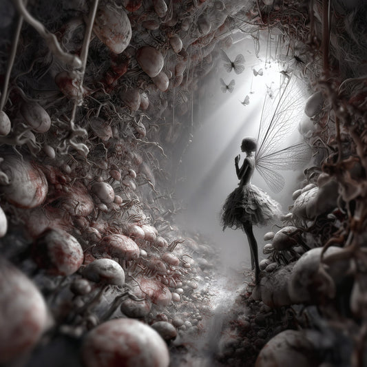 Dark fairy with dragonfly wings standing in tunnel of skulls and mushrooms, whimsigothic surreal art