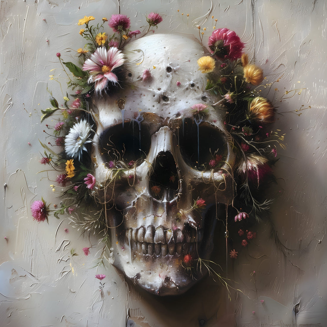 Vanitas skull oil painting print, flowers growing from skull for moody wall art