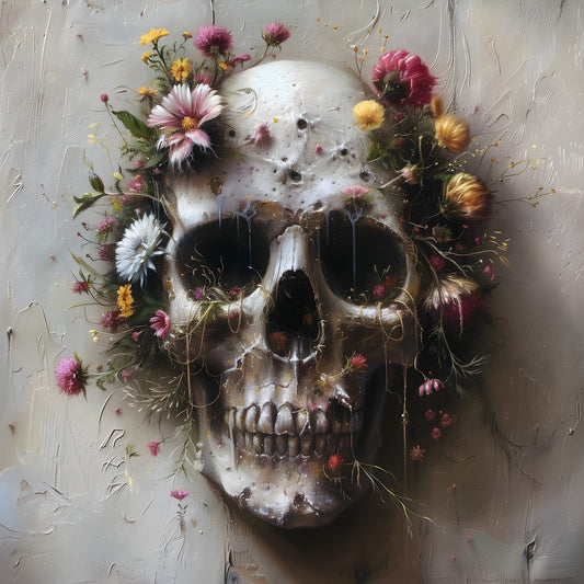 Vanitas skull oil painting print, flowers growing from skull for moody wall art