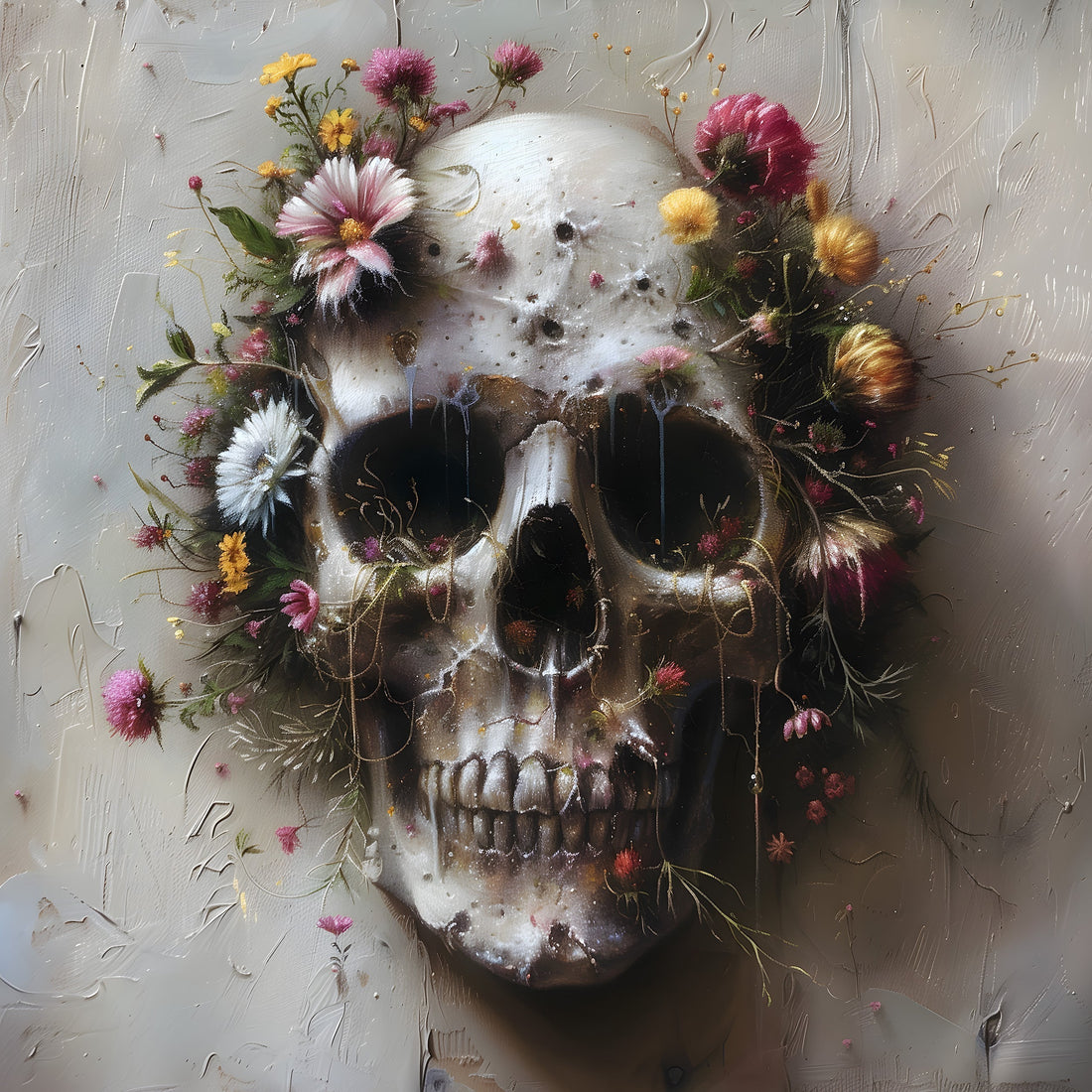 Vanitas skull oil painting print, flowers growing from skull for moody wall art