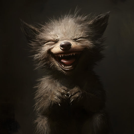 Painting of a baby werewolf laughing gleefully, its eyes squeezed shut, revealing sharp teeth and small claws, depicted in a dark, moody art style.