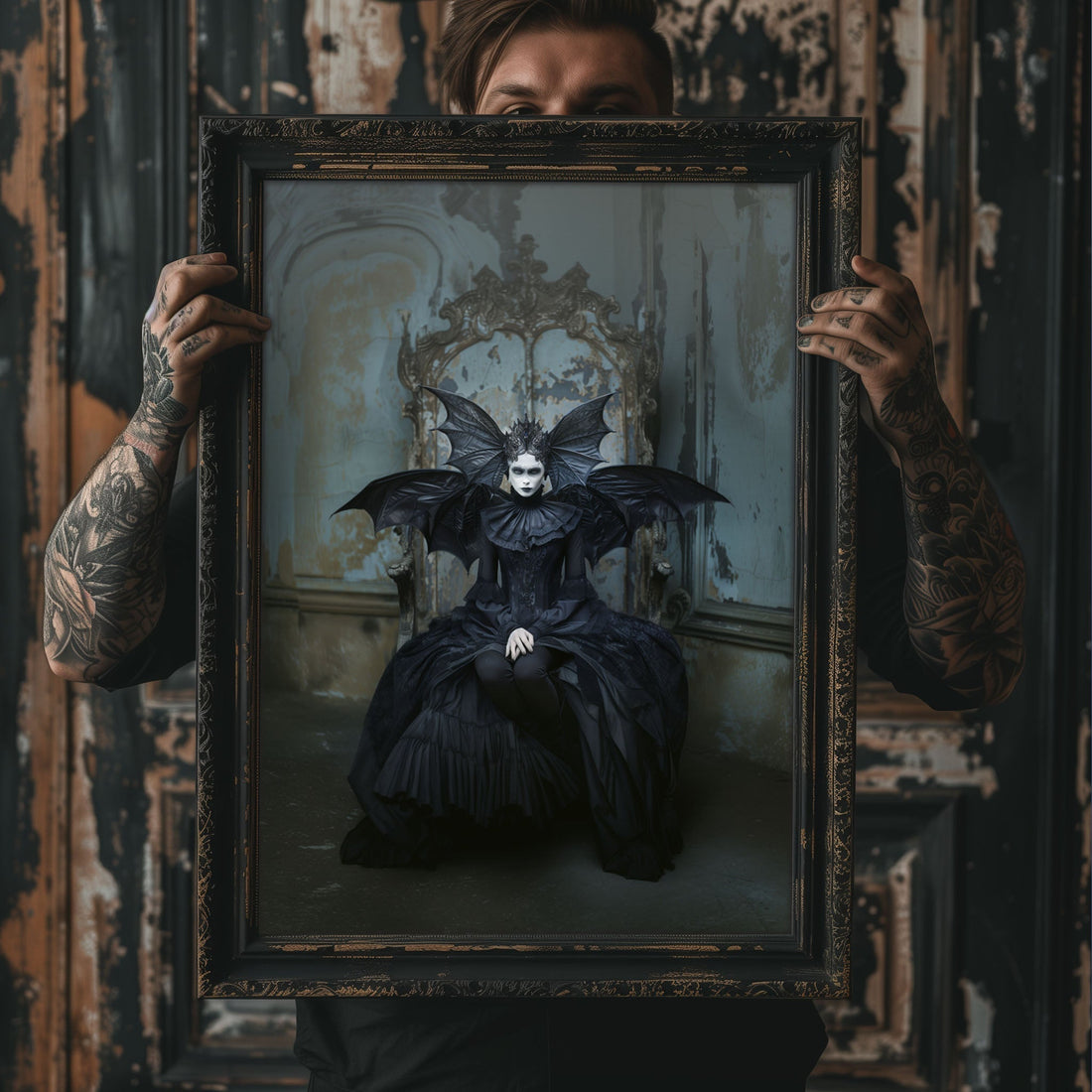 Gothic woman in dark fantasy costume with bat wings sitting on a throne in a decayed, vintage room