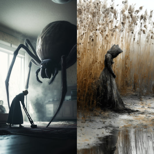 Dark Fantasy vs Gothic art comparison showing an old woman with a vacuum cleaner facing a giant spider and a melancholic hooded figure in a wheat field 