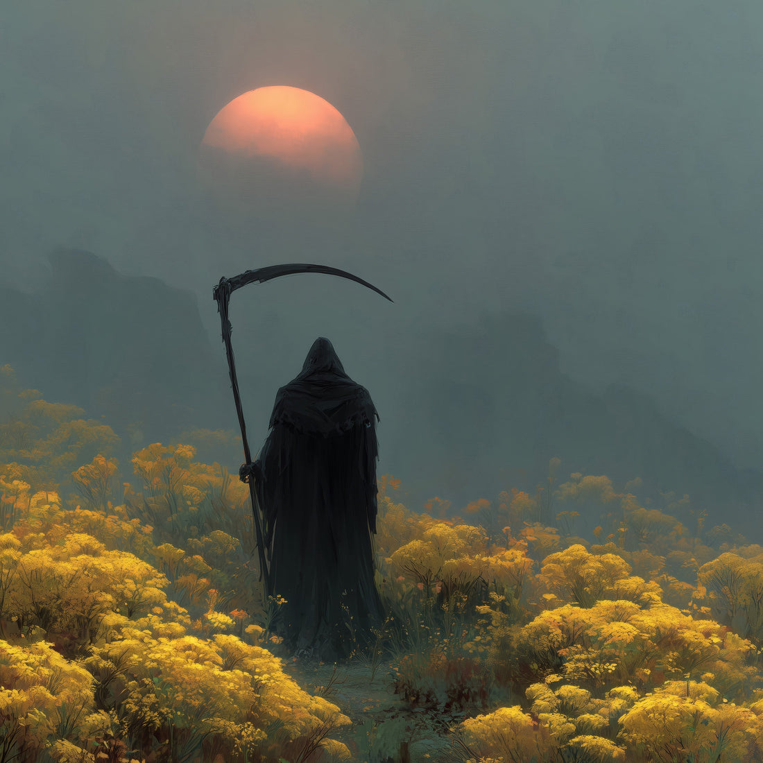 Grim reaper art print standing in golden wildflower field with sunset