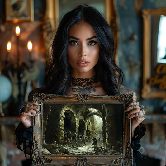 Haunted catacomb skeleton painting above a coffin shelf display