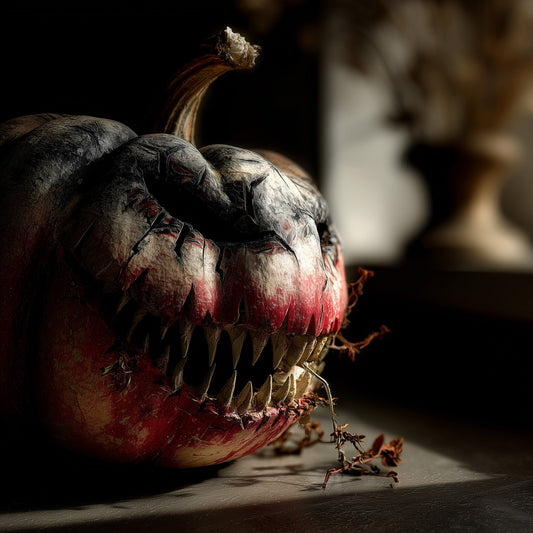  Sinister carved jack-o'-lantern with menacing sharp teeth and bloody details showing modern Halloween horror artistry