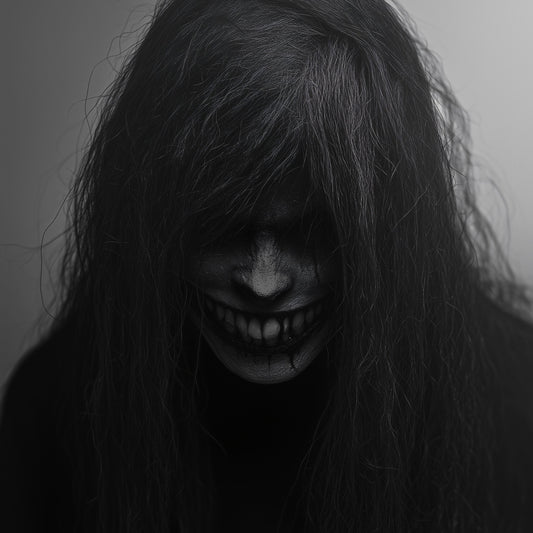 A chilling piece of black and white horror art showing a monstrous figure. Long, dark hair covers its face, revealing only a wide, menacing smile with sharp, unsettling teeth.