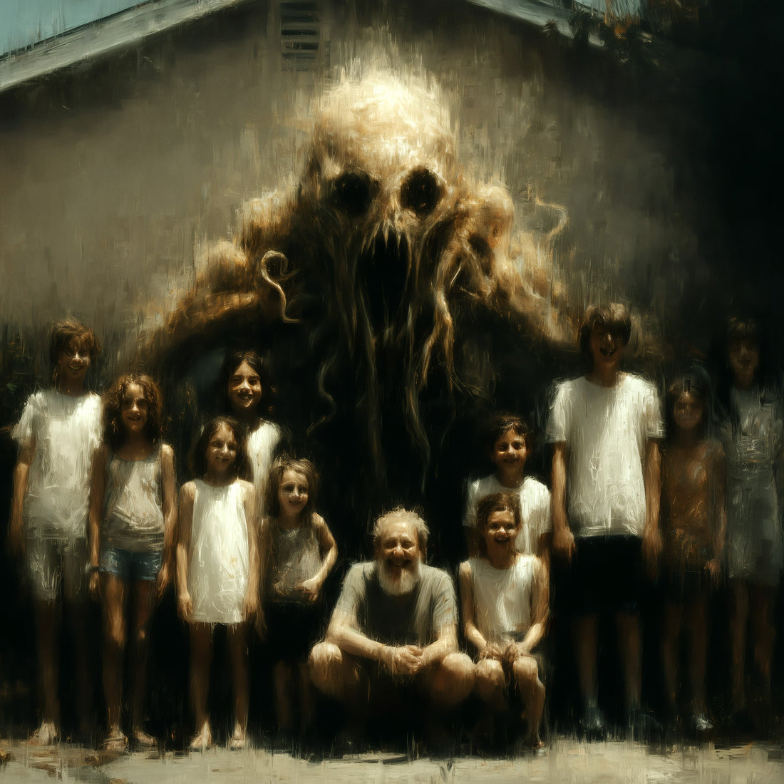 Macabre surreal art poster of disturbing family photo with nightmare creature looming behind