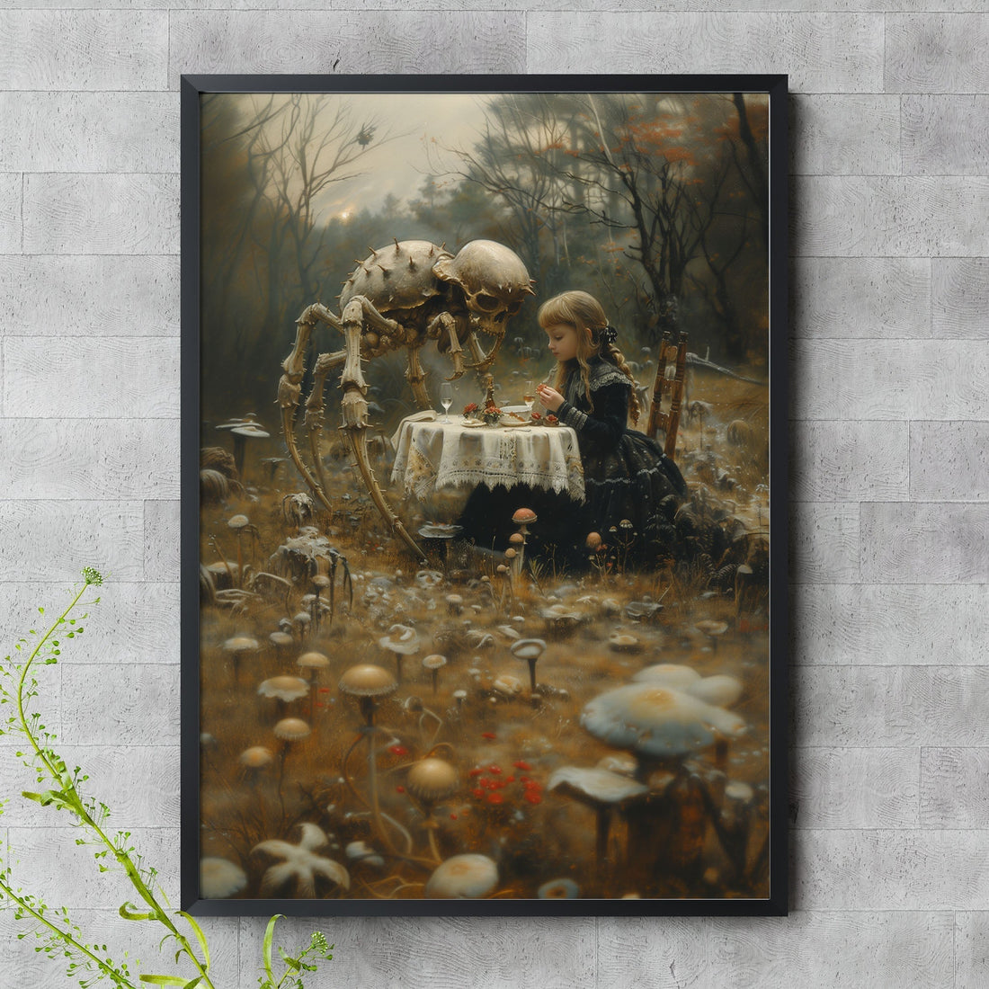 Digital artwork of a little girl in a gothic black dress having a peaceful dinner with a skeletal spider in a mushroom-filled, foggy forest. The scene blends innocence and horror with surreal elegance.