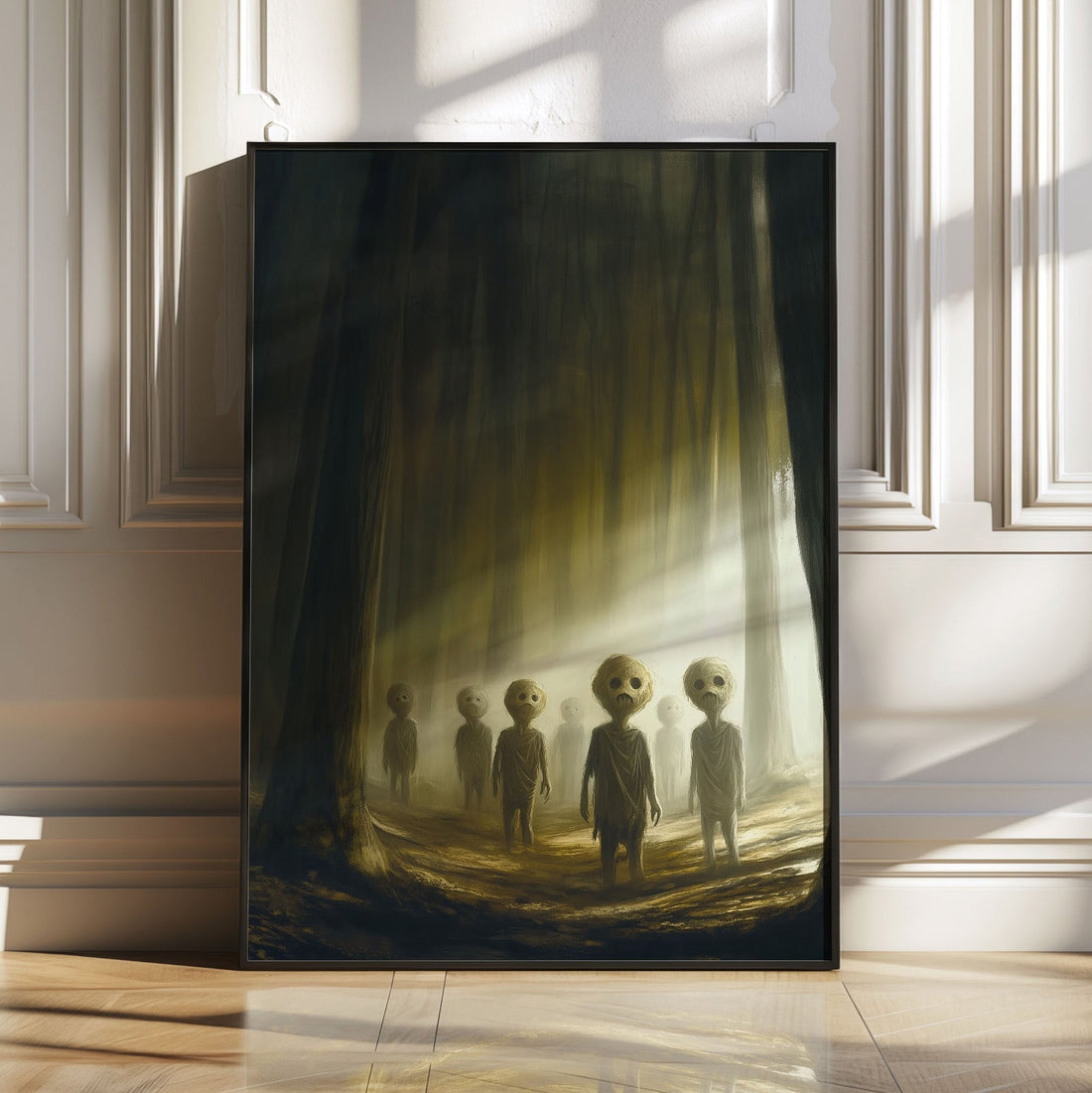 Eerie children with large heads and hollow eyes standing in a foggy forest, lit by golden light.