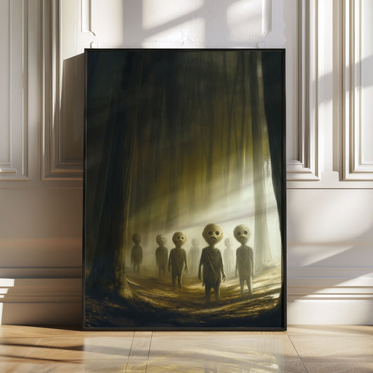 Eerie children with large heads and hollow eyes standing in a foggy forest, lit by golden light.