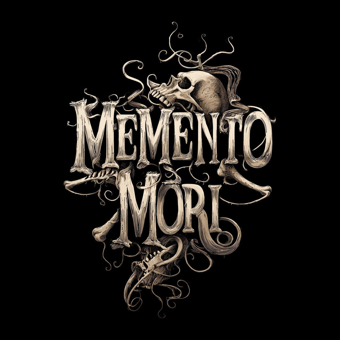 Gothic bone-lettering spelling "Memento Mori", topped with a skull and tangled with vines and loose bones, on black background