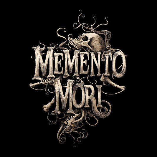 Gothic bone-lettering spelling "Memento Mori", topped with a skull and tangled with vines and loose bones, on black background