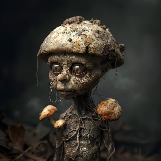 Goblincore wall art featuring a little mushroom man in a dark forest, surrounded by moss and botanicals