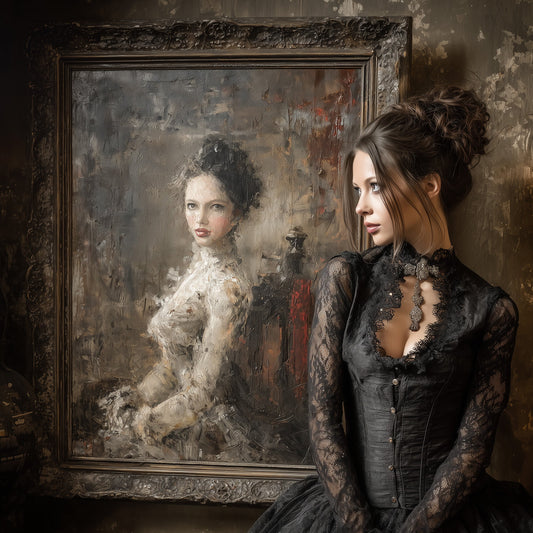 Victorian vs Modern Gothic art comparison - contemporary Gothic style woman next to antique portrait in ornate frame