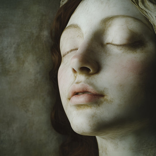 Weathered porcelain woman portrait, dark academia gothic art