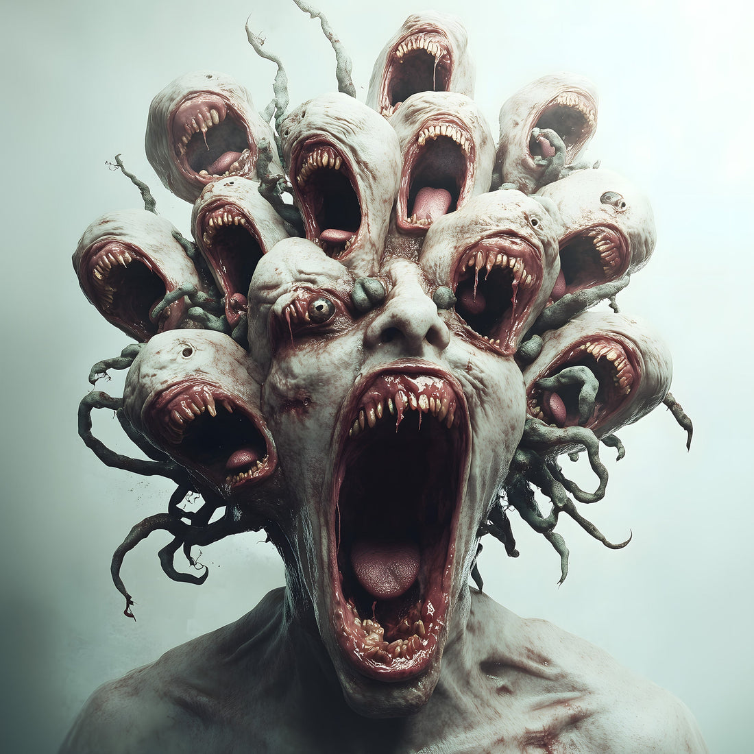 A digital horror artwork depicting a humanoid creature with multiple screaming mouths erupting from its head, surrounded by twisted root-like tendrils in a foggy void.